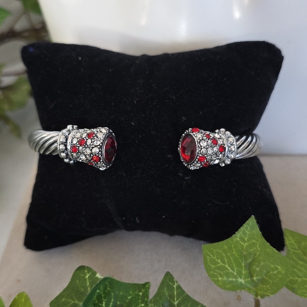 Statement Silver Steel Cable Bracelet Split Opening Red and Clear Zirconia
